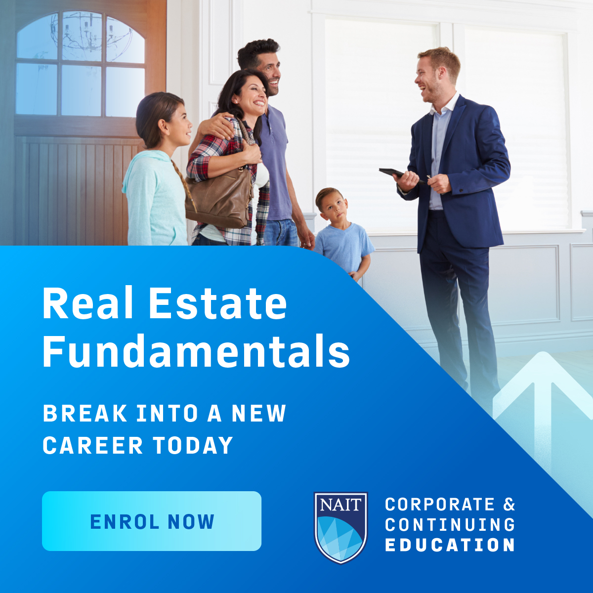 A real estate agent showing a young family their new home. Text reads 