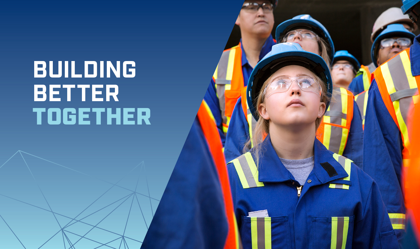 A female construction engineering student in PPE looking up, with text that reads, 