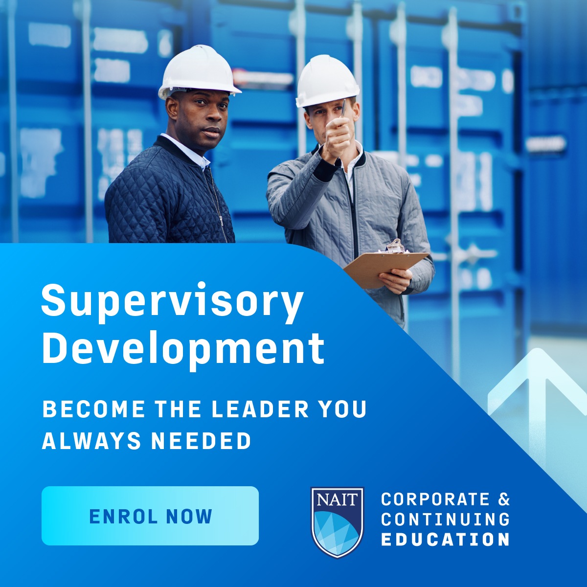 Two blue collar workers supervising their staff in a loading yard. Text reads, 