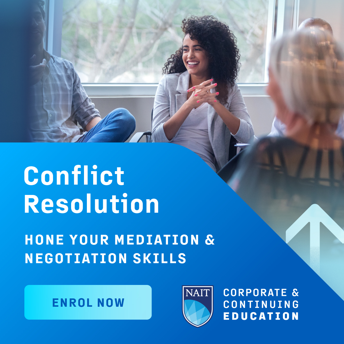 A group of coworkers in a conflict resolution workshop. Text reads 