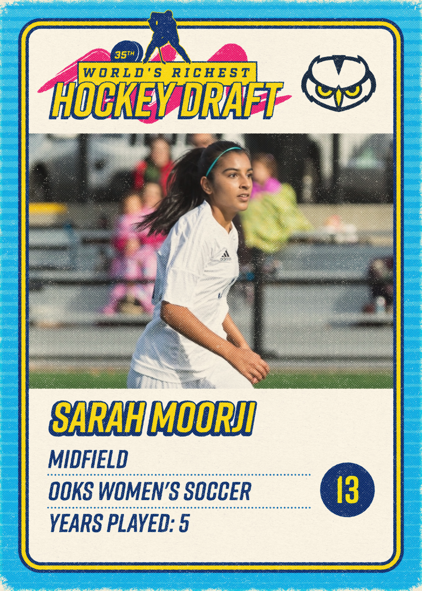 Sarah Moorji trading card, midfield on women's ooks soccer team