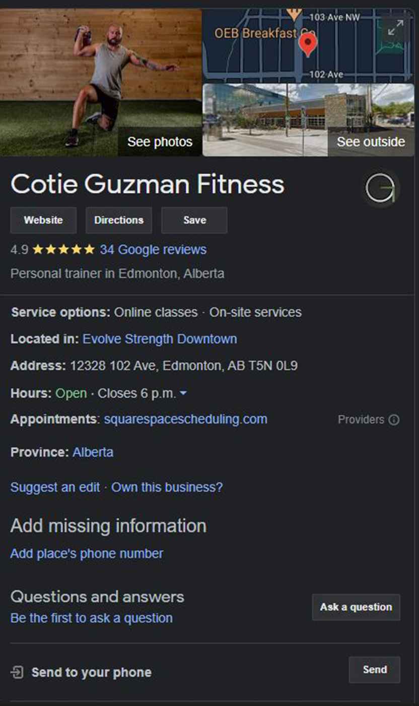 Cotie Guzman Fitness Google My Business Listing on desktop