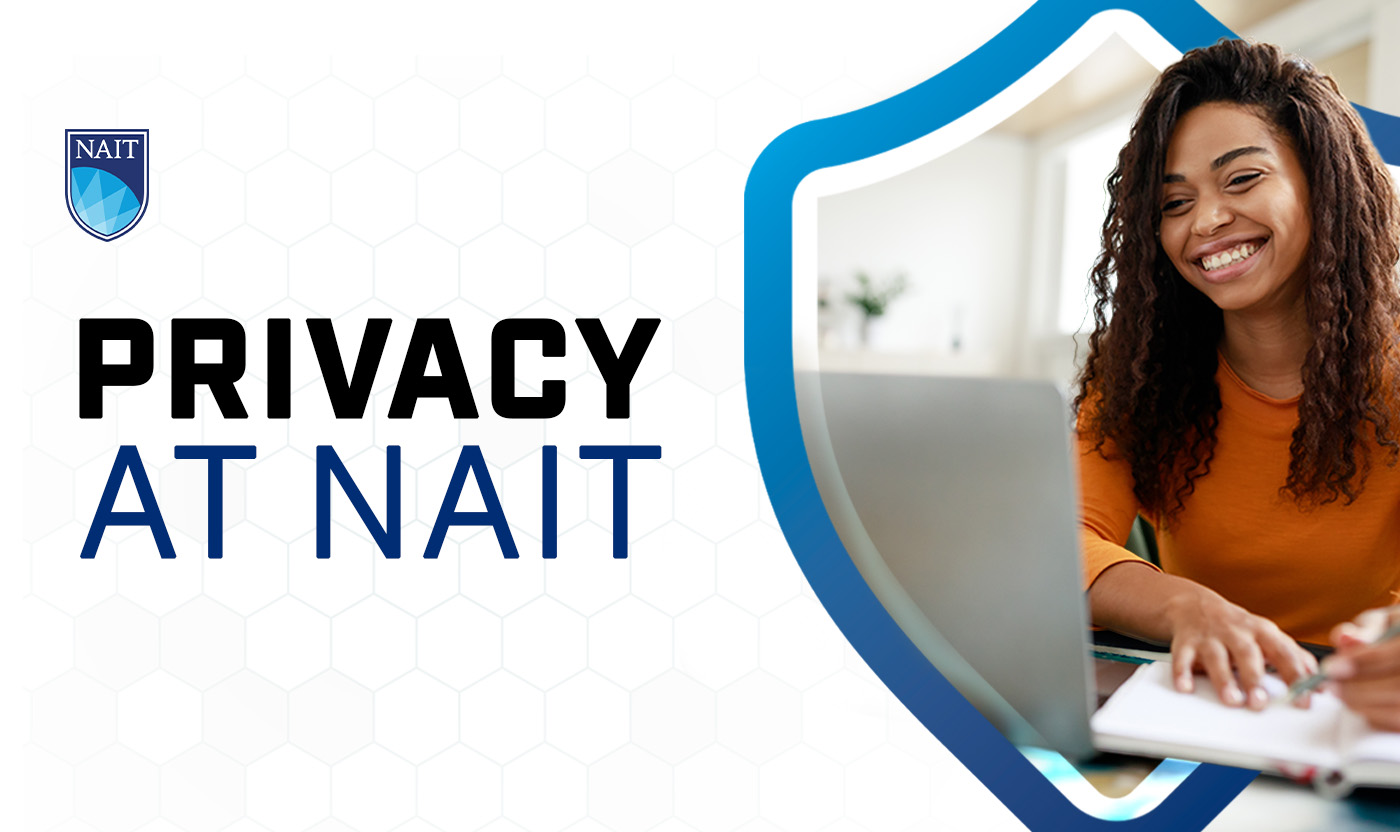 graphic showing a woman on a keyboard with the headline Privacy at NAIT